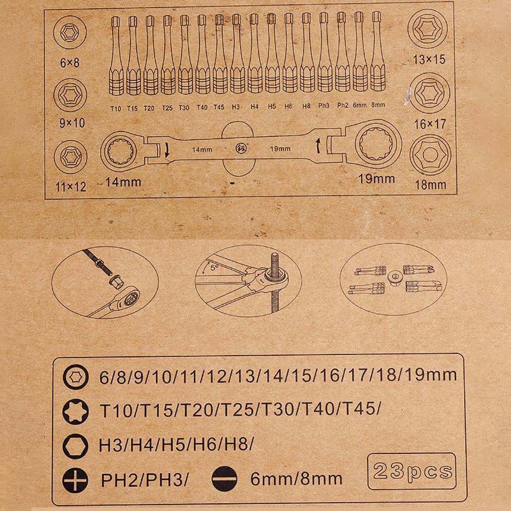 23PCS Multifunction Ratchet Wrench Spanner Set Flexible Head Ratchet Double Box