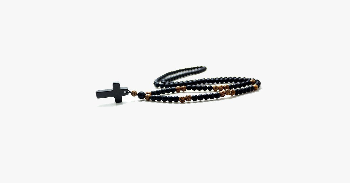 Black Cross Stone Wood Bead Necklace