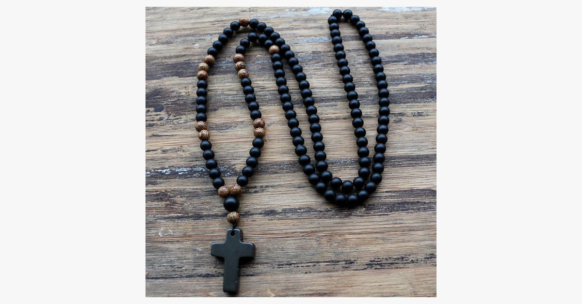 Black Cross Stone Wood Bead Necklace