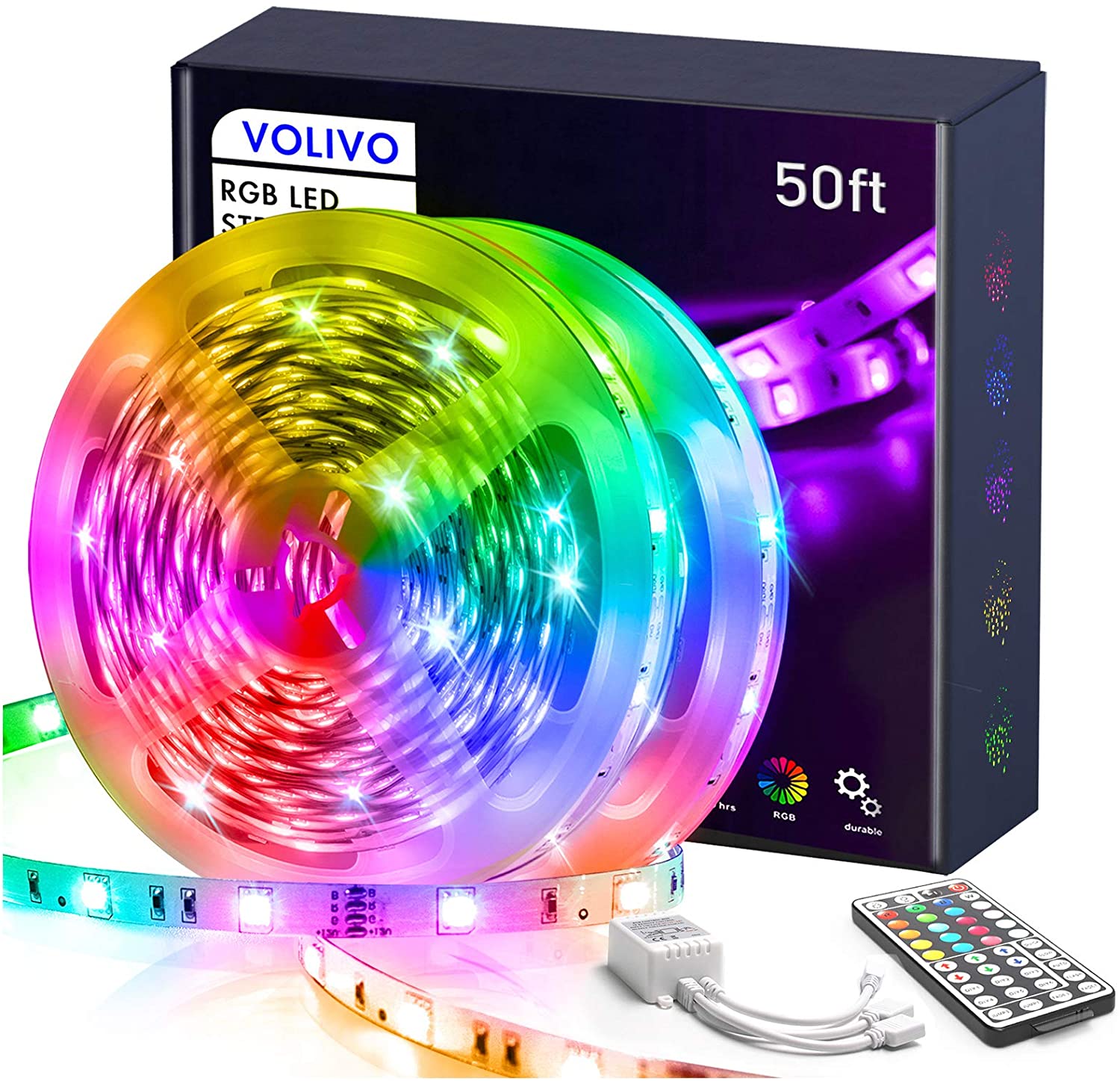 50ft RGB Led Strip Lights, Volivo Color Changing Led Light Strips Kit with Remote Control, Led Lights for Bedroom