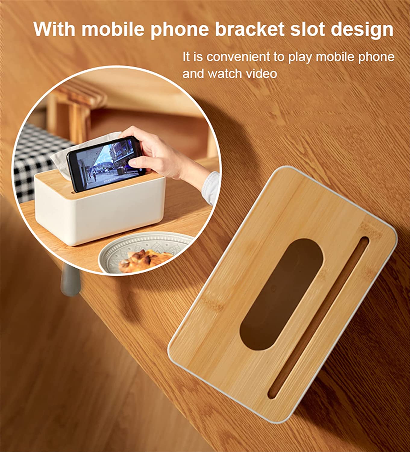 Bamboo Tissue Box Holder Rectangular with Smart Phone Mount