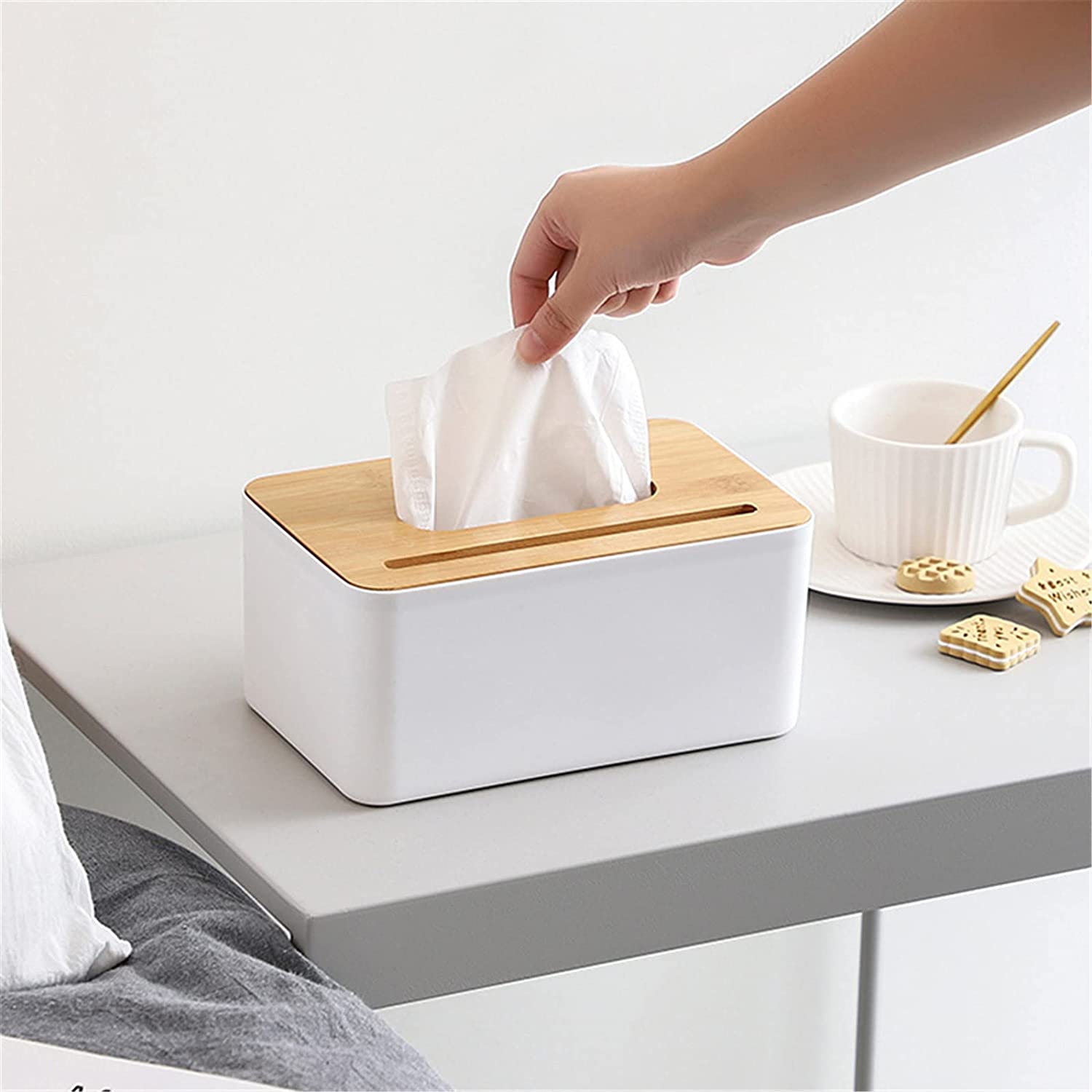 Bamboo Tissue Box Holder Rectangular with Smart Phone Mount