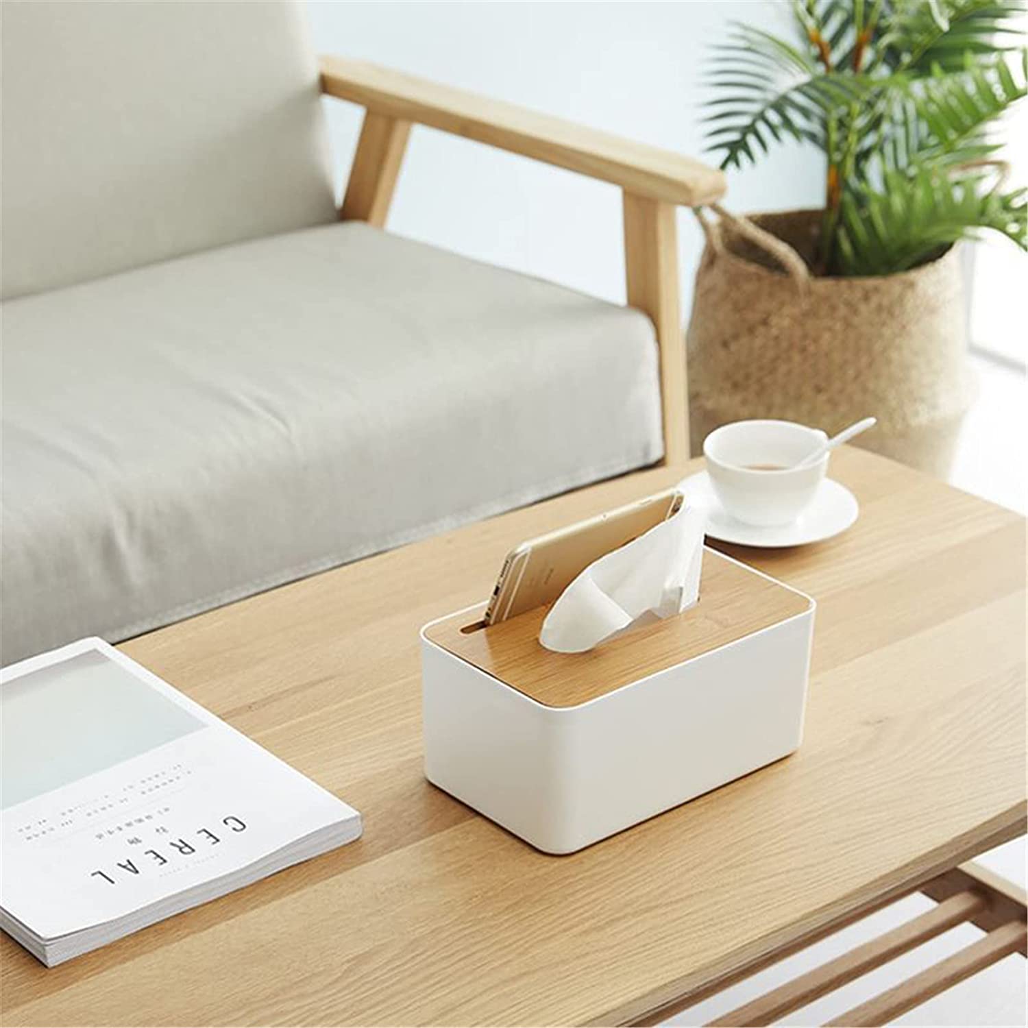 Bamboo Tissue Box Holder Rectangular with Smart Phone Mount