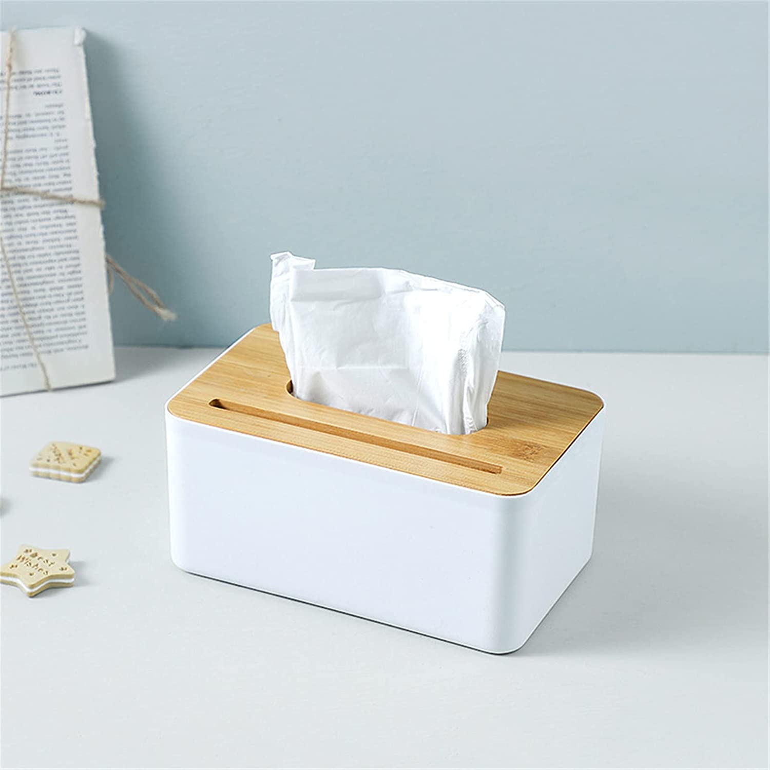 Bamboo Tissue Box Holder Rectangular with Smart Phone Mount