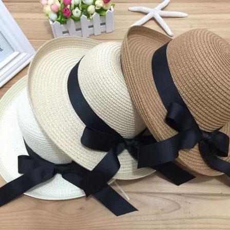 Black Bowknot Ribbon Flanging Straw Hat