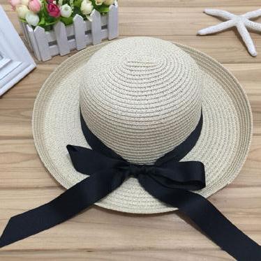 Black Bowknot Ribbon Flanging Straw Hat