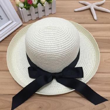 Black Bowknot Ribbon Flanging Straw Hat