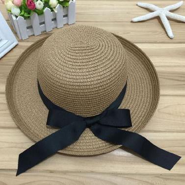 Black Bowknot Ribbon Flanging Straw Hat