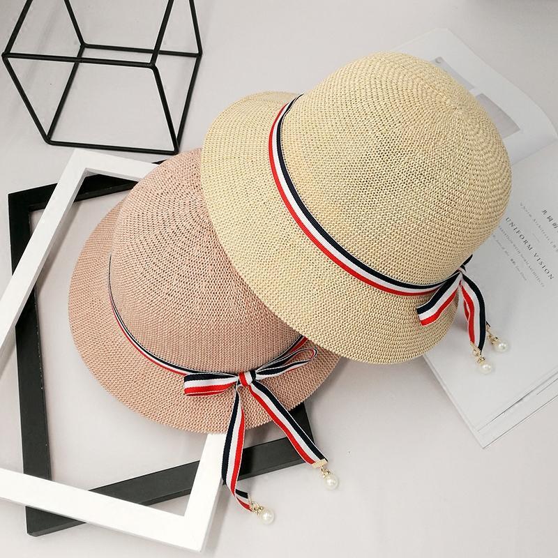 Bow Pearl Ribbon Straw Hat