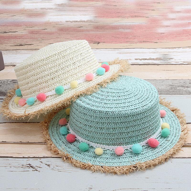 Child Straw Hats Color Ball Style