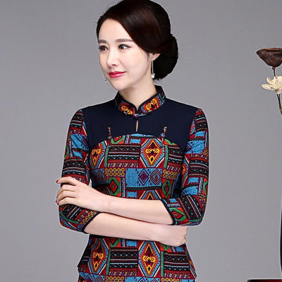 Chinese Ethnic Women Spliced Linen Sleeve Shirts