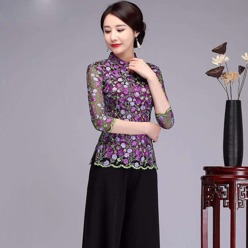 Chinese Style Lace Embroidery Floral Shirt