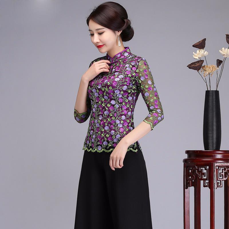 Chinese Style Lace Embroidery Floral Shirt