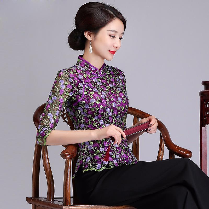 Chinese Style Lace Embroidery Floral Shirt