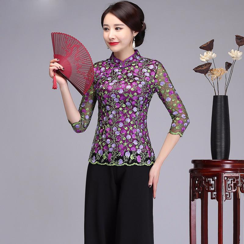 Chinese Style Lace Embroidery Floral Shirt