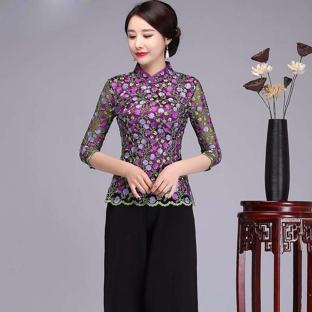 Chinese Style Lace Embroidery Floral Shirt