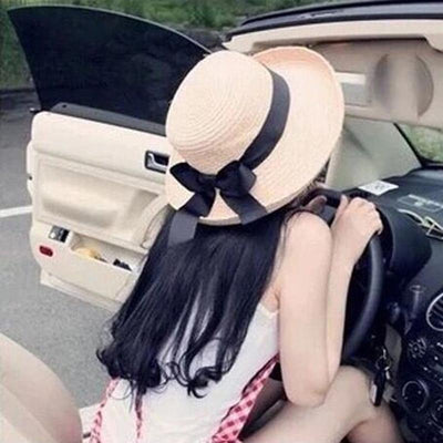Black Bowknot Ribbon Flanging Straw Hat